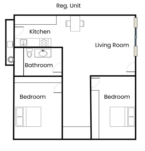 Floor plan for 2 beds, 1 bath, 650 sqft